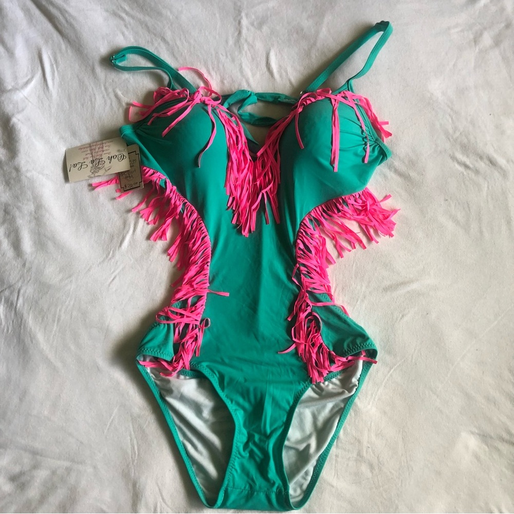 Teal One Piece Swimsuit with Pink Fringe and Cutouts by BIKI (S01)
